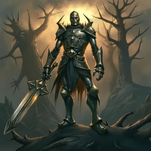 Prompt: A (valiant knight), clad in ornate armor reflecting the gleam of sunlight, wielding a gleaming sword, standing tall on a rugged terrain, dramatic clouds overhead, surrounded by the whisper of ancient trees, embodying bravery and strength, in a fantasy realm, high quality, ultra-detailed, atmospheric ambiance evokes heroism, warm golden and cool gray tones entwined. Masterpiece quality, anatomically correct.