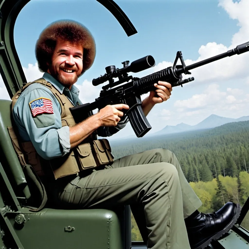 Prompt: Bob Ross in a helicopter wearing united states military fatigues shooting a mounted M60 machine gun.