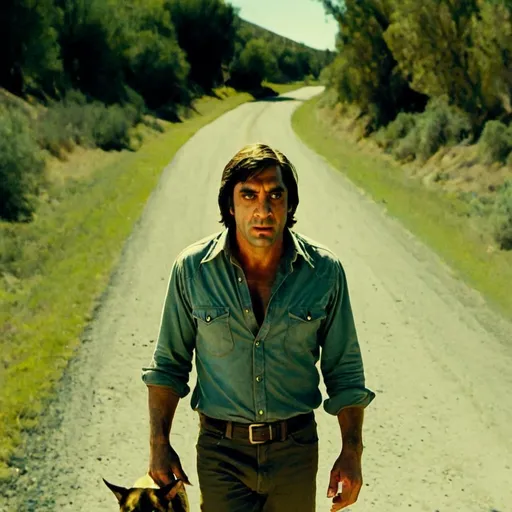 Prompt: No country for old men. Javier Ángel Encinas Bardem. Walking a dog