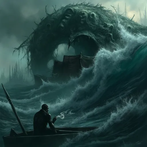 Prompt: Man on a boat peacefully smoking looking towards the camera, as giant massive wave unexpectedly towers over him about to capsize his boat.