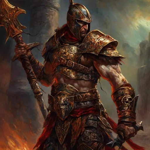 Prompt: <mymodel>Ares (Greek god of war), portrayed with intense and striking features, muscular physique, wearing ornate armor, holding a glistening sword, fierce expression, passionate and powerful stance, (dramatic lighting), (epic background of ancient ruins), (highly detailed), (mythological ambiance), vibrant colors of red and gold, evoking feelings of strength and valor, 4K resolution, ultra-detailed.