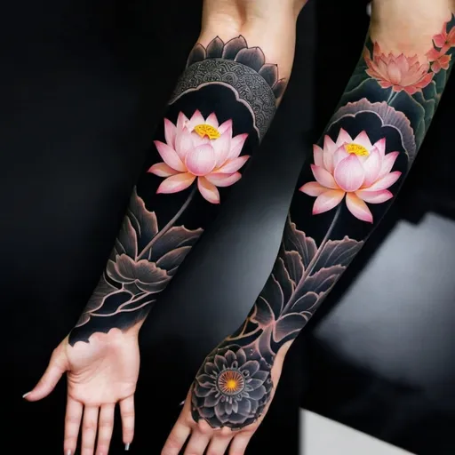 Prompt: Lotus hand tattoo black background sleeve.