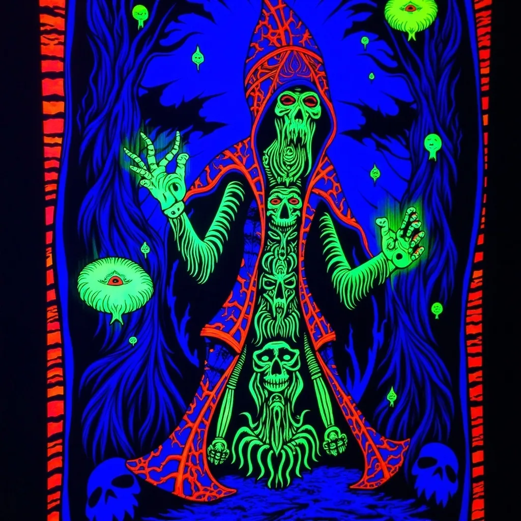 Prompt: Baron Samedi (black light art), mysterious figure, vivid colors, luminescent details, (ethereal glow), surrounded by surreal symbols, dynamic patterns glowing against a dark background, creating atmospheric tension, (4K), (ultra-detailed), captivating ambiance, invoking themes of life and death, Haitian Vodou elements, engaging visual narrative.