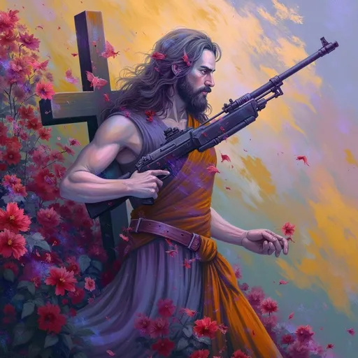 Prompt: Jesus holding a Gatling gun wearing a cross on his back