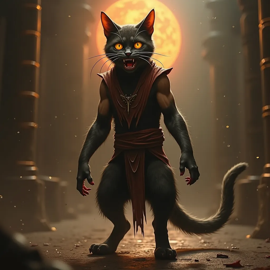 Prompt: (Horror theme) cat standing hind legs mortal kombat