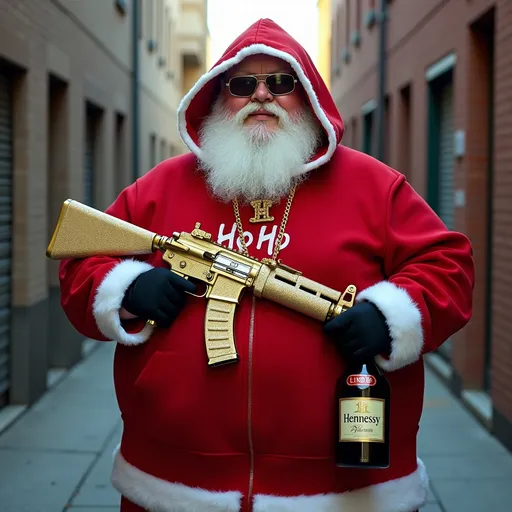 Prompt: Fat jolly Santa Claus red hoodie, holding a golden Ak-47 and a bottle of Hennessy. Gold chain with diamond encrusted HoHo lettering. In an alleyway.