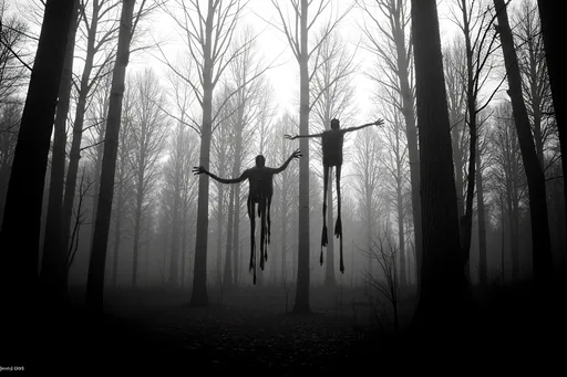 Prompt: black and white, (vintage film quality), low resolution, grainy texture, (mysterious atmosphere), dark forest, misty background, ethereal fog enveloping trees, stick sculptures resembling human figures, sculptures suspended from branches, interplay of shadows and light, moody ambiance, hauntingly serene, ultra-detailed gothic nature scene.