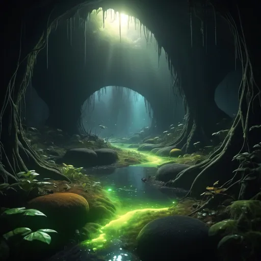 Prompt: Sunlight cascading across heavily wooded area, dark ground, misty, wondrous, magical, large deep hole, cavernous ,multiple biomes, glowing algae, glow worms, plant bioluminescence. 4k high-definition, photorealism.