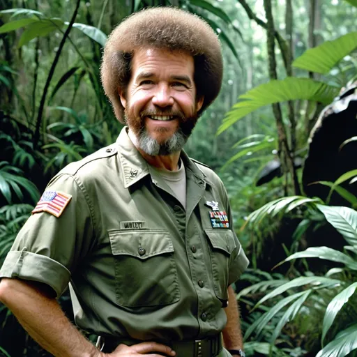 Prompt: Bob Ross in the jungle wearing united states military fatigues. 