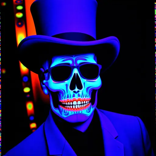 Prompt: (Baron Samedi), striking black light art, top hat, black tail coat, dark glasses, cotton plugs in nostrils, depicted as a corpse in Haitian style, skeletal features, or a skull-painted black man's face, dark and mystical ambiance, vibrant neon hues contrasting with shadows, ultra-detailed, surreal atmosphere, cultural symbolism, evoking themes of life and death, rich textures and depth, high quality.