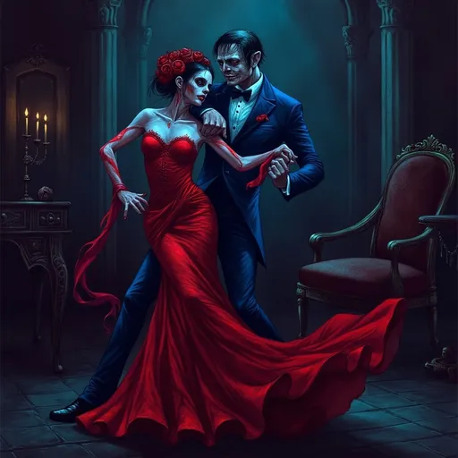 Prompt: (Día de los Muertos couple dancing), elegant red dress, sophisticated blue suit, dynamic pose, vivid detailed expressions, (black light art), glowing neon colors against dark backdrop, atmospheric Victorian setting with ornate decor, high contrast and striking illumination, (ultra-detailed), graceful movement, mesmerizing and enchanting ambiance reminiscent of a ballroom dance experience.