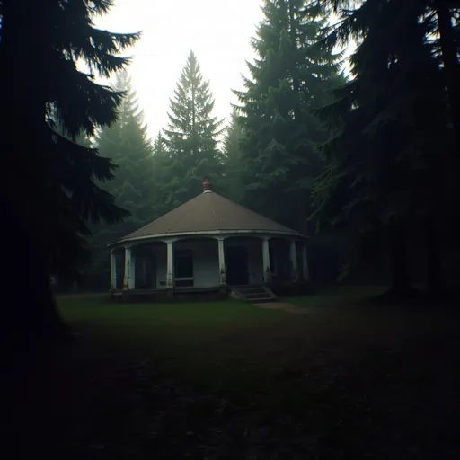 Prompt: dark forest, (single desolate building), run-down architecture, overgrown vegetation, eerie atmosphere, (moody lighting), shadows cast upon the landscape, mist creeping through the trees, (somber tones), contrast between darkness of the forest and the faded colors of the building, (low resolution), haunting ambiance, (grainy texture) quality, a sense of isolation and abandonment.