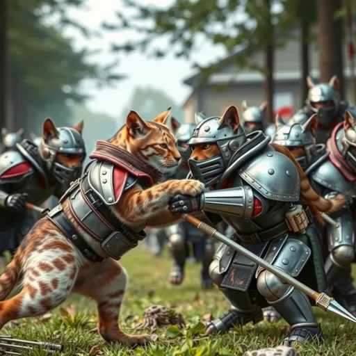 Prompt: Cats in full body armor fighting dogs in full body armor. Full scale war. 