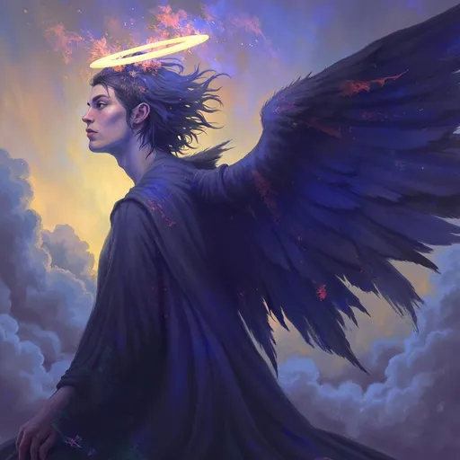 Prompt: Lucifuge Rofocale (Light-Bringer) male fallen angel, (ethereal and haunting), dramatic wings, dark flowing robes, piercing gaze, mystical light emanating from halo, celestial background filled with turbulent clouds, moody atmosphere contrasting light and shadow, intricate details in feathers and fabric, ultra-detailed, high definition, vibrant colors merging with dark tones, a sense of power and vulnerability intertwined.