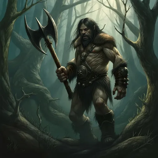 Prompt: barbarian holding a two-handed axe, (muscular and fierce expression), strong physique, wild hair and beard, leather armor with fur and rugged details, antique battle scars on skin, (dramatic posture), forest backdrop with ancient trees, shafts of sunlight piercing through foliage, atmospheric and action-packed mood, (dynamic composition), ultra-detailed, high-quality 4K resolution.