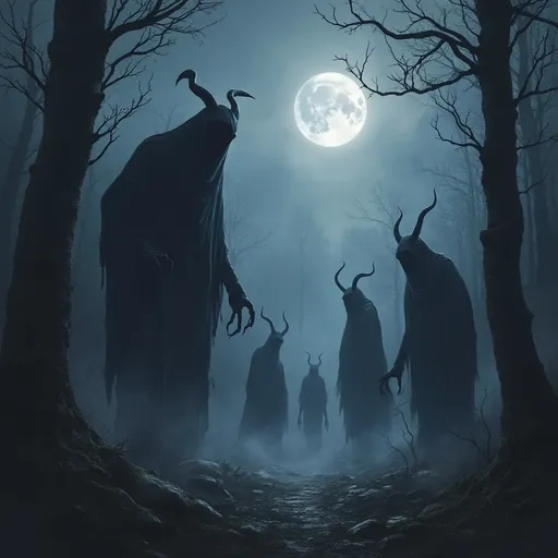 Prompt: Army of ghouls, phantoms, monsters, demons roaming. Dark forest, moonlit, deep fog, mythical forest.