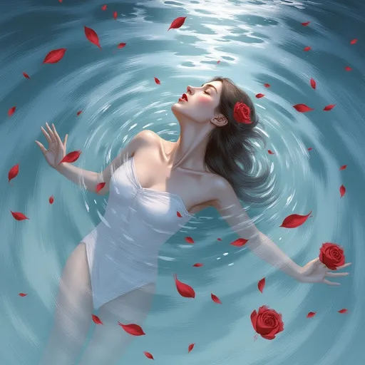 Prompt: woman submerged in crystal-clear water, looking upwards with serene expression, surrounded by vibrant rose petals drifting gracefully, soft diffused lighting casting gentle reflections, dreamy atmosphere, tranquil vibes, slight ripples creating mesmerizing patterns in the water, ultra-detailed, 4K, cinematic quality, ethereal beauty, poetic and romantic setting. Masterpiece quality.