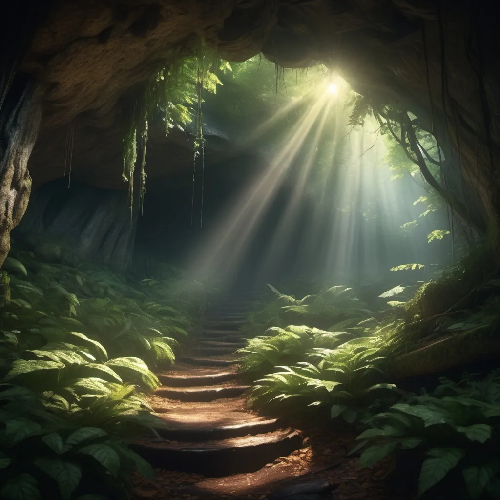 Prompt: Sunlight cascading across heavily wooded area, dark ground, misty, wondrous, magical, large deep hole, cave entrance, glowing light. 4k high-definition, photorealism.