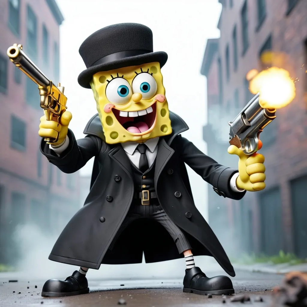 Prompt: SpongeBob in a black trench coat firing a gun 