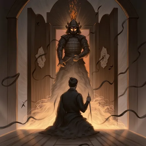 Prompt: Man (kneeling) reverently in front of detailed samurai armor, classic texture and intricate patterns, dimly lit atmosphere, warm tones highlighting the bronze and dark wood, symbolic respect and valor, ancient Japanese cultural setting, soft shadows defining the contours, (ultra-detailed) and (masterpiece quality) elements surrounding the scene. Captivating ambiance of honor and tradition.