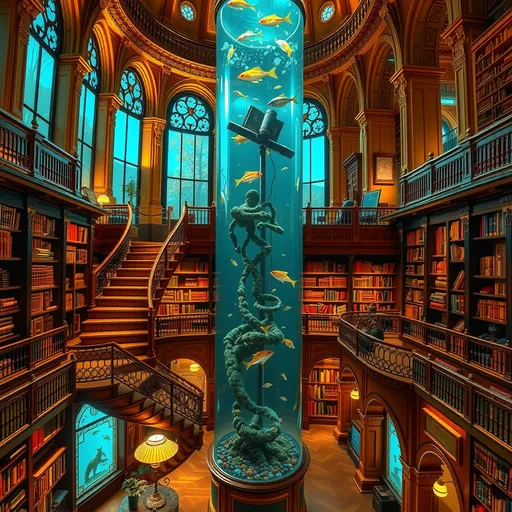 Prompt: (aquarium tube), grand library setting, (spiral staircase), second floor mezzanine, bookcases brimming with vintage books, warm golden ambiance, (high detail) architectural elegance, soft lighting illuminating the reading nooks, serene atmosphere, vibrant aquatic life behind glass, intricate woodwork in the library, ultra-detailed design capturing the essence of knowledge and nature.