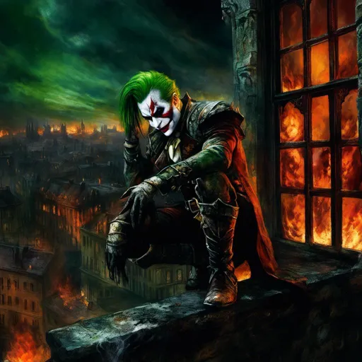 Prompt: <mymodel>(mymodel) joker from (DC Batman) white makeup, green hair. perched on a window, hands in the air in triumph, gazing into a fiery cityscape, flames illuminated against a dark sky, dramatic tones, vivid reds and oranges, smoke swirling in the air, high detail, moody atmosphere, urban environment, nighttime, powerful contrast, cinematic lighting, ultra-detailed, surreal and intense emotional vibe.