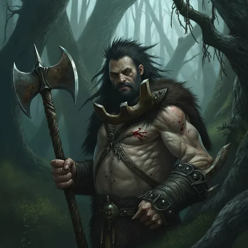 Prompt: barbarian holding a two-handed axe, (muscular and fierce expression), strong physique, wild hair and beard, leather armor with fur and rugged details, antique battle scars on skin, (dramatic posture), forest backdrop with ancient trees, shafts of sunlight piercing through foliage, atmospheric and action-packed mood, (dynamic composition), ultra-detailed, high-quality 4K resolution.