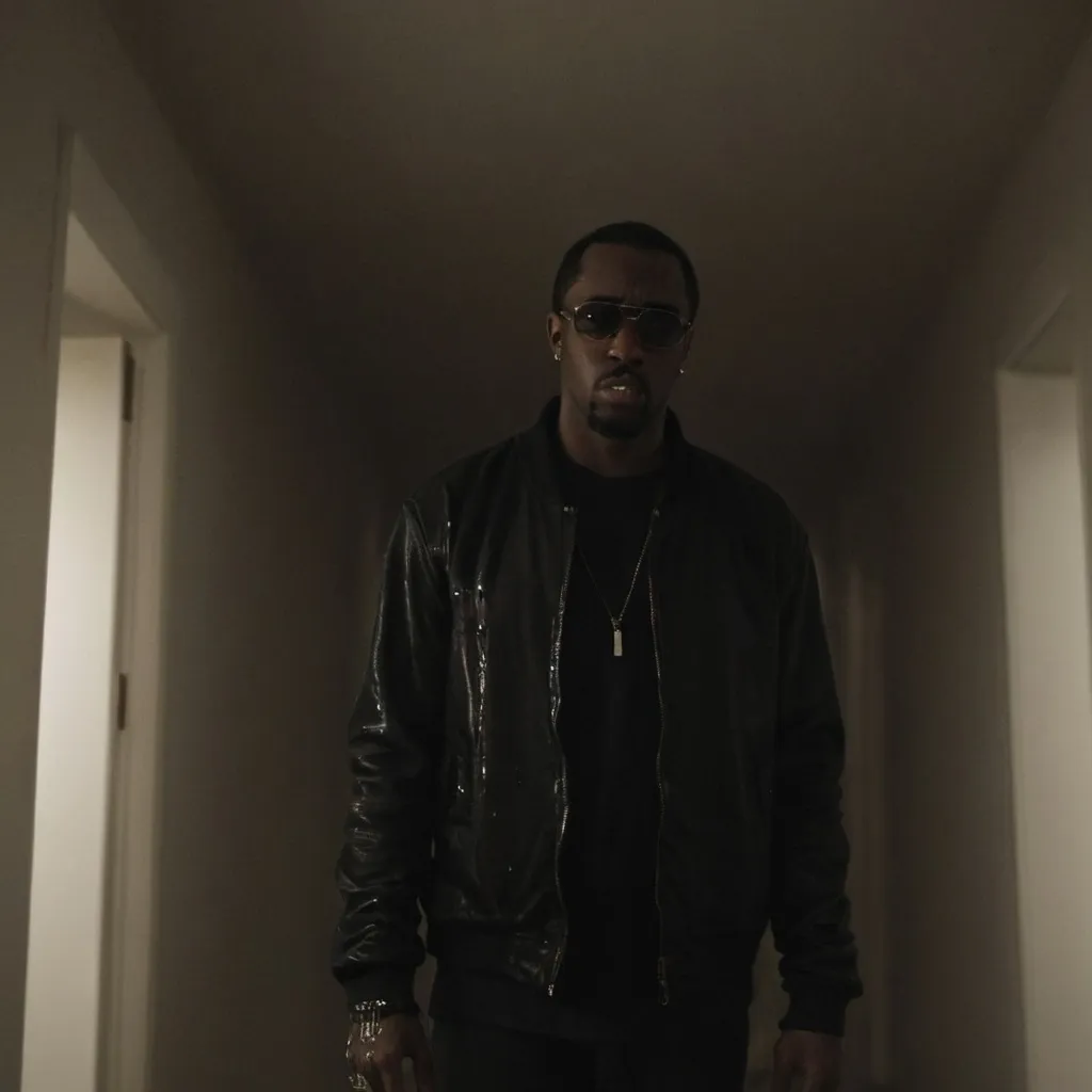 Prompt: Horror theme Sean "Diddy" Combs. Dark hallway blurry vision. Baby oil dripping from ceiling.