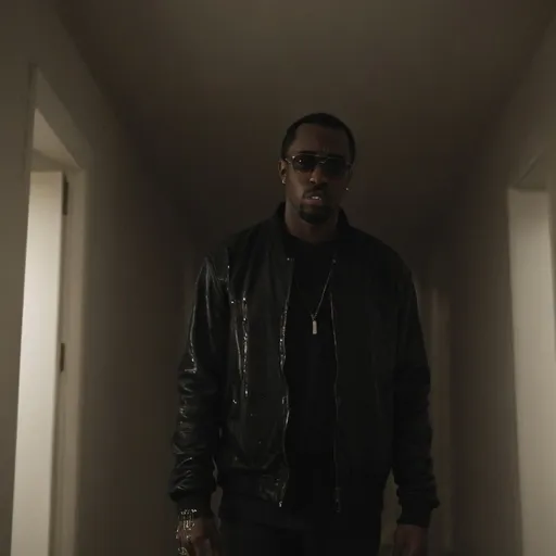 Prompt: Horror theme Sean "Diddy" Combs. Dark hallway blurry vision. Baby oil dripping from ceiling.