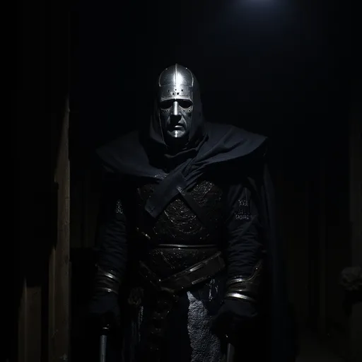 Prompt: Silver mask, black ornate armor, tattered cloak, pilgrim hat, bandolier, silver sword (glowing), moody and atmospheric lighting, high contrast shadows, epic fantasy scene, intricate details, darkened background with faint glimmers of light, captivating and mysterious vibe, focus on textures and craftsmanship, grainy, lowres.