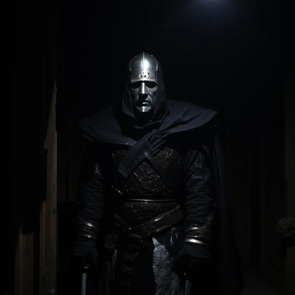 Prompt: Silver mask, black ornate armor, tattered cloak, pilgrim hat, bandolier, silver sword (glowing), moody and atmospheric lighting, high contrast shadows, epic fantasy scene, intricate details, darkened background with faint glimmers of light, captivating and mysterious vibe, focus on textures and craftsmanship, grainy, lowres.