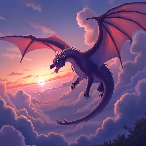 Prompt: (majestic dragon), vibrant scales with shimmering hues, intricate details and powerful wings, soaring through a dramatic sunset sky, creating a sense of awe, striking background with swirling clouds, richly saturated colors, ultra-detailed, mythic atmosphere, high-quality, cinematic ambiance, impressive artwork suitable for epic fantasy themes.