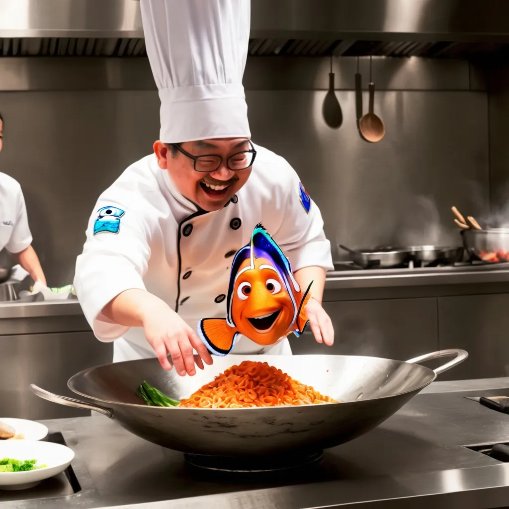 Prompt: Nemo from finding Nemo in a wok. Being flipped by Chinese chef.