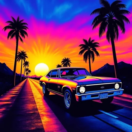 Prompt: (accurately spelled text "Make it happen"), 1970s Nova SS, retro-wave aesthetic, cruising down a sunset-lit road, vibrant hues of orange and pink, nostalgic ambiance, cool retro styling, sun dipping below the horizon, palm trees lining the road, ultra-detailed, 4K resolution, capturing the spirit of freedom and adventure, dynamic sky filled with gradient colors.