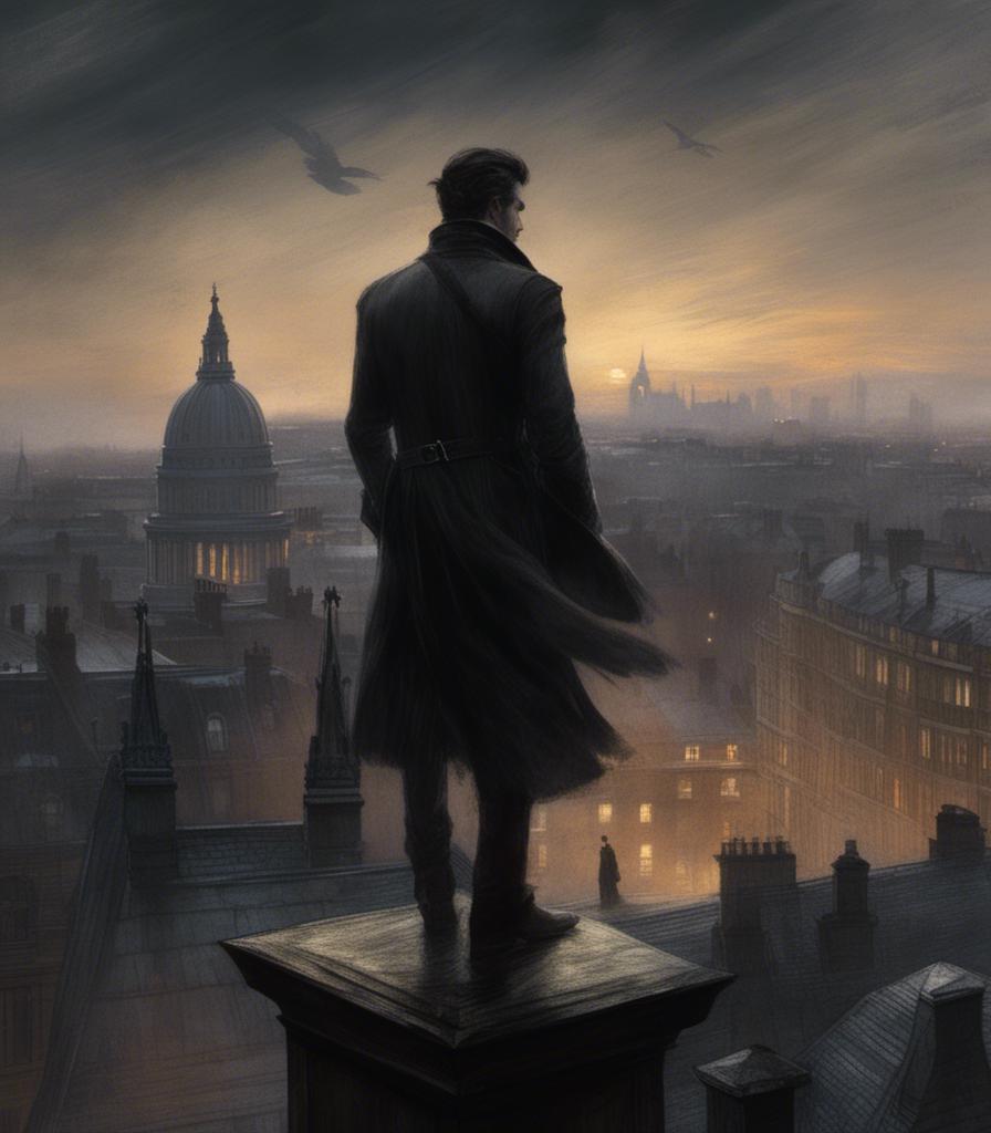 Prompt: <mymodel>(mymodel) Corvo Attano (dishonored) perched on a ledge, overlooking a bustling London city skyline, evening ambiance, warm golden light, dramatic shadows, intricate architectural details, atmospheric mist, moody and mysterious feel, urban landscape, high vantage point, dynamic perspective, ultra-detailed, cinematic composition, ethereal clouds, twilight colors, breathtaking view.