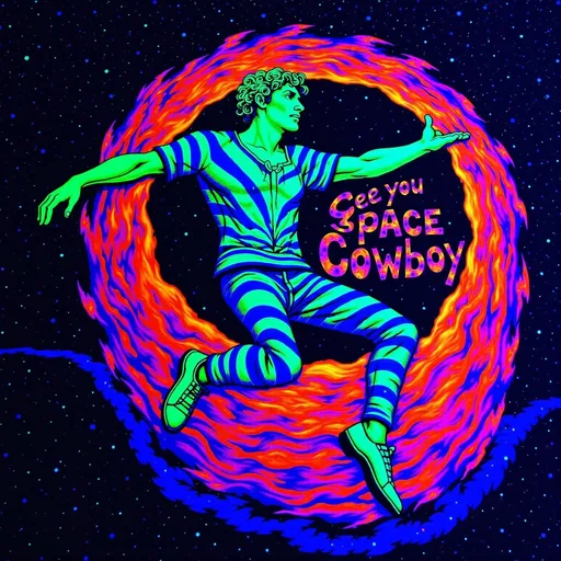 Prompt: (accurately spelled text "See you space Cowboy"), bold lettering, (vibrant spiraling colors), man floating in space, cosmic background, black light art style, ethereal glow, mystic ambiance, captivating swirling patterns, stars twinkling in the distance, serene and adventurous mood, (ultra-detailed) and (high quality) imagery that captures the essence of freedom and exploration in the vast universe.