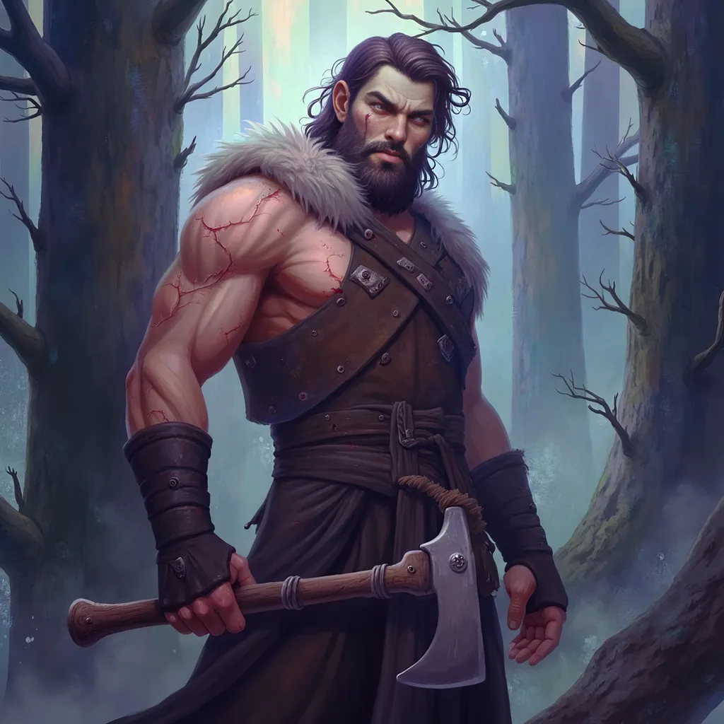 Prompt: barbarian holding a two-handed axe, (muscular and fierce expression), strong physique, wild hair and beard, leather armor with fur and rugged details, antique battle scars on skin, (dramatic posture), forest backdrop with ancient trees, shafts of sunlight piercing through foliage, atmospheric and action-packed mood, (dynamic composition), ultra-detailed, high-quality 4K resolution.