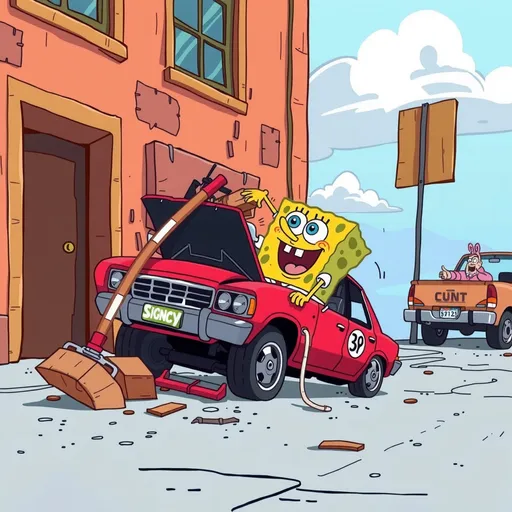 Prompt: SpongeBob crashing a car into a building. 