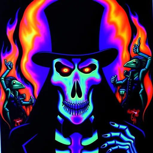 Prompt: Baron Samedi (black light art), depicted with a top hat, black tail coat, dark glasses, and cotton plugs in the nostrils, as if to resemble a corpse dressed and prepared for burial in the Haitian style. depicted as a skeleton (but sometimes as a black man that merely has his face painted as a skull