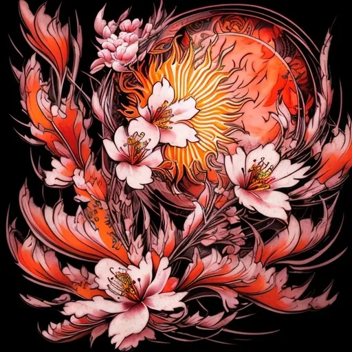 Prompt: (cherry blossom tattoo), (phoenix design), (sun element), intricate floral patterns, vibrant pink and orange hues contrasting against (black background), detailed shading, capturing movement and elegance, artistic sleeve design, conveying transformation and rebirth, stunning visual balance, high-quality tattoo illustration, ultra-detailed, (forearm placement).