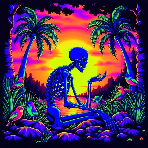 Prompt: (accurately spelled text "Memento Mori / Memento Viviere"), intricately detailed skeleton, deeply contemplative pose, surrounded by vibrant birds, lush palm trees framing the scene, stunning sunset casting warm golden and rich purple hues, serene yet thought making ambiance, soft, cinematic lighting, ultra-detailed, high-resolution, capturing the juxtaposition of life and death.