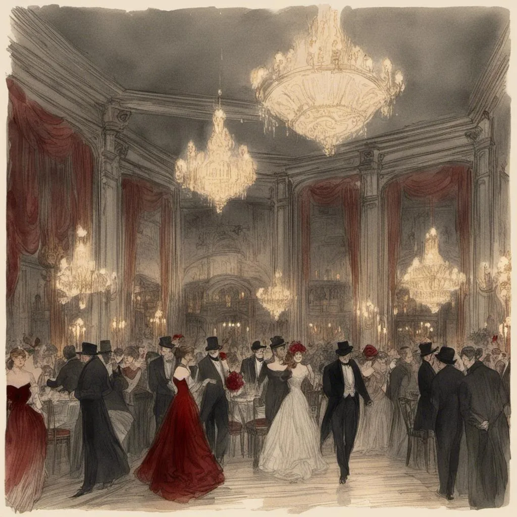 Prompt: <mymodel>Victorian style ball, (masquerade), elegant people dancing, ornate masks, festive atmosphere, (grand orchestra), exquisite ballroom, opulent chandeliers, rich color palette of deep reds and golds, (highly detailed), textured fabrics, intricate patterns on gowns and suits, luxurious furnishings, soft candlelight flickering, (4K) quality, enchanting ambiance.