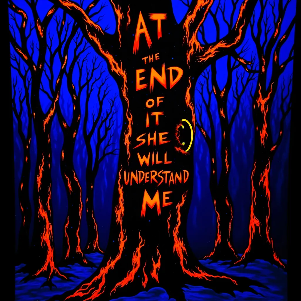 Prompt: (accurately spelled text “At the end OF it all she will understand me." Burned on a tree) burning forest