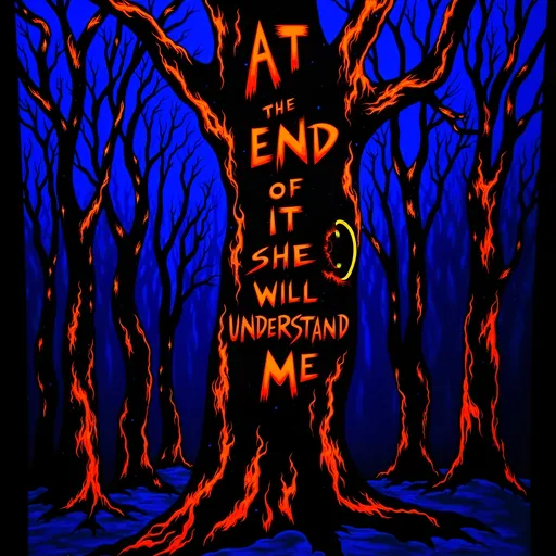 Prompt: (accurately spelled text “At the end OF it all she will understand me." Burned on a tree) burning forest