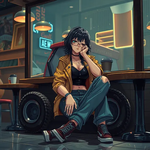 Prompt: Anime cyberpunk style, a woman with an absolute dump truck like she struggling to get in them jeans peacefully sitting in a coffee shop, highly detailed, HD, dark background