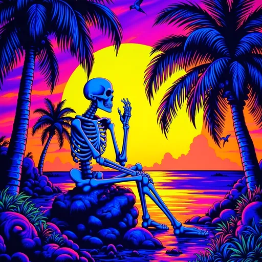 Prompt: (accurately spelled text "Memento Mori / Memento Viviere"), intricately detailed skeleton, deeply contemplative pose, surrounded by vibrant birds, lush palm trees framing the scene, stunning sunset casting warm golden and rich purple hues, serene yet thought making ambiance, soft, cinematic lighting, ultra-detailed, high-resolution, capturing the juxtaposition of life and death.