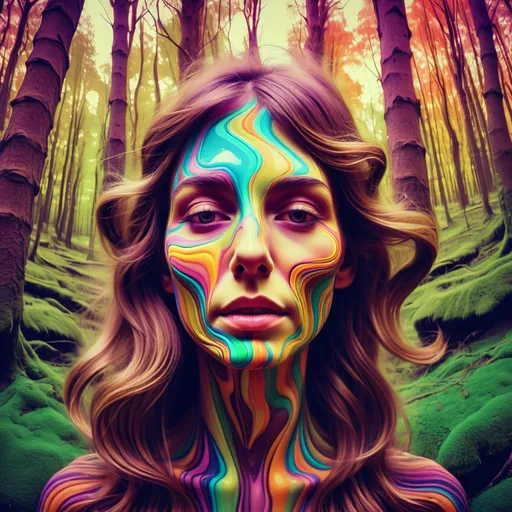 Prompt: Psychedelic, woman face melting, woodland setting, winding together.