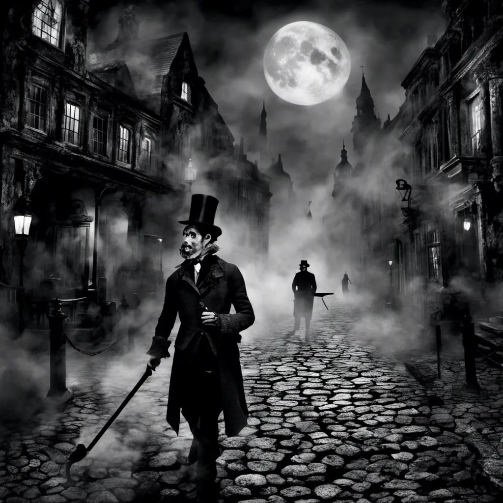 Prompt: <mymodel>(mymodel) man wearing top hat and wielding a cane and a knife, walking through old London streets, dark and mysterious atmosphere, moonlit night casting soft silvery light, cobblestone pathways reflecting faint glow, smoky fog swirling around historic buildings, dramatic shadows, high quality, cinematic depth, enchanting and eerie mood, capturing the essence of Victorian elegance.