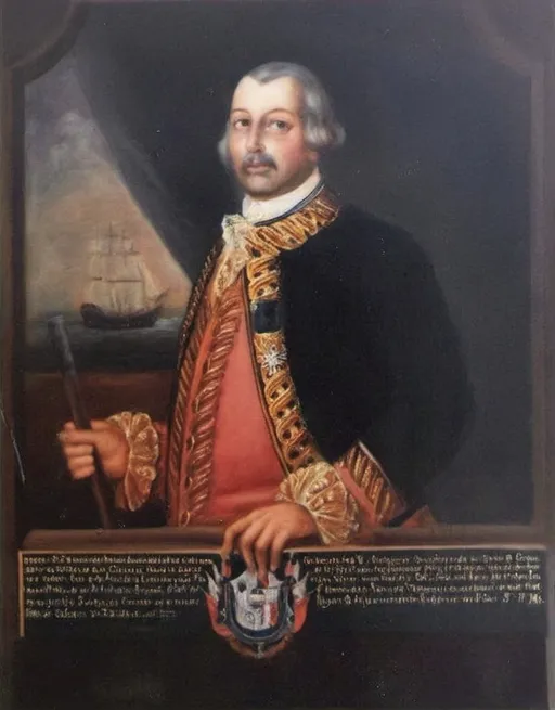 Prompt: (seminal portrait of Spanish General Bernardo de Gálvez), historical significance, (oil painting), realistic details, intricate uniform, rich colors, dramatic lighting, strong posture, captivating facial expression, vivid background depicting a historic setting, noble demeanor, (masterpiece), high quality, 4K resolution, expressive with a sense of leadership and valor.