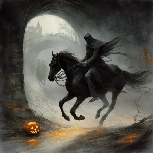 Prompt: <mymodel> (Horror theme) headless horseman, riding a undead black horse, raising a jack o lantern in the air, dark old bridge tunnel.